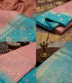 Wedding Pure Silk Saree (Blush Pink - Sky Blue) - Image 3