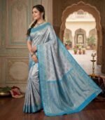 Wedding Pure Silk Saree (Grey - Sky Blue) - Image 2