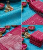 Wedding Pure Silk Saree (Anandha blue - Hot Pink) - Image 3
