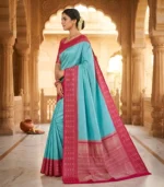 Wedding Pure Silk Saree (Anandha blue - Hot Pink) - Image 2