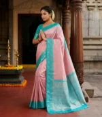 Wedding Pure Silk Saree (Blush Pink - Sky Blue) - Image 2
