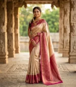 Wedding Pure Silk Saree (Cream - Hot Pink)