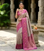 Wedding Pure Silk Saree (Cream - Rani Pink)