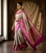 Wedding Pure Silk Saree (Cream - Rani Pink) - Image 2