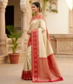 Wedding Pure Silk Saree (Cream - Red) - Image 2