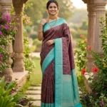 Wedding Pure Silk Saree (Deep Purple - Sky Blue)