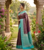 Wedding Pure Silk Saree (Deep Purple - Sky Blue) - Image 2