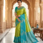 Wedding Pure Silk Saree (Lime Green - Anandha Blue)