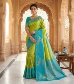Wedding Pure Silk Saree (Lime Green - Anandha Blue)