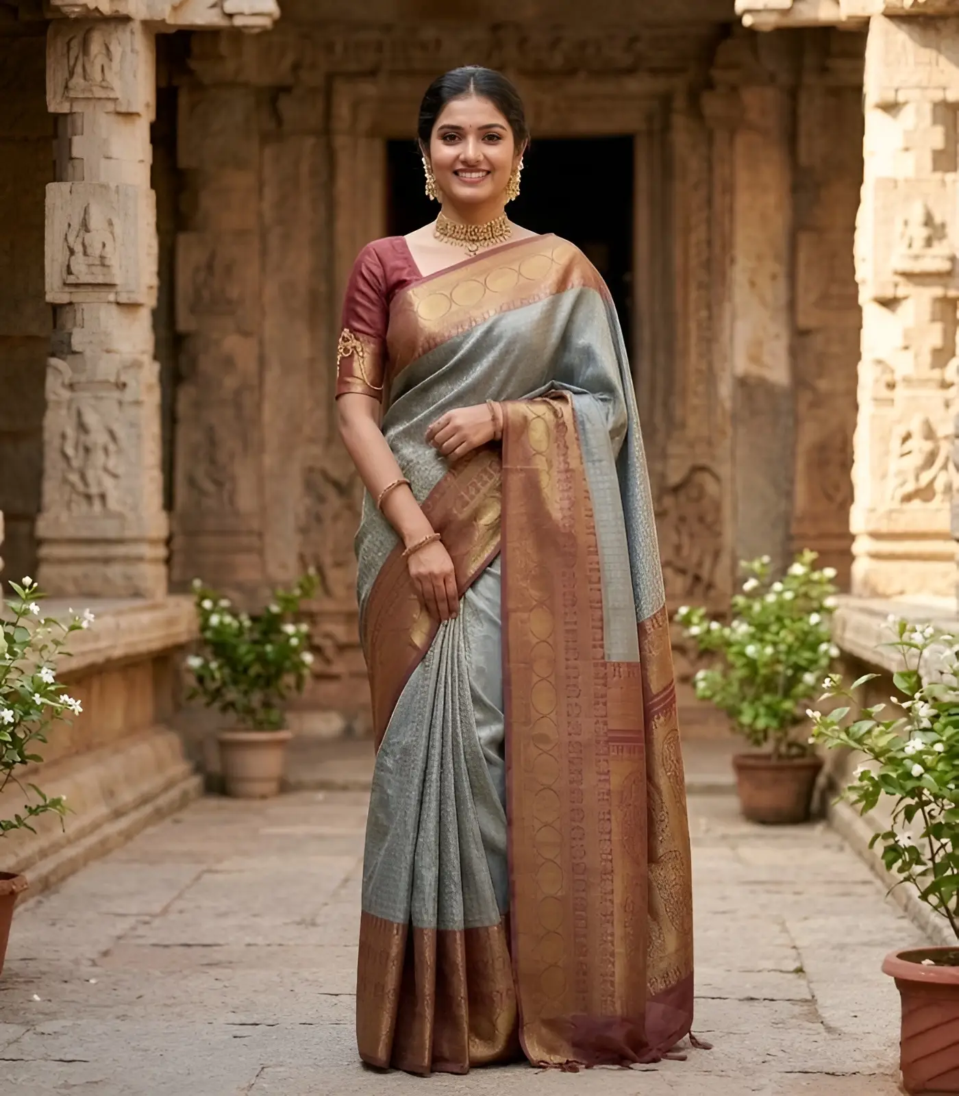 Wedding Pure Silk Saree (Moonlight Silver- Rosey Brown) (2) Wedding Pure Silk Saree (Moonlight Silver- Rosey Brown) - Image 1