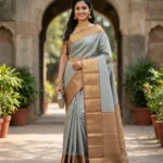 Wedding Pure Silk Saree (Moonstone silver- Rosey Brown)