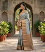 Wedding Pure Silk Saree (Moonstone silver- Rosey Brown) - Image 2