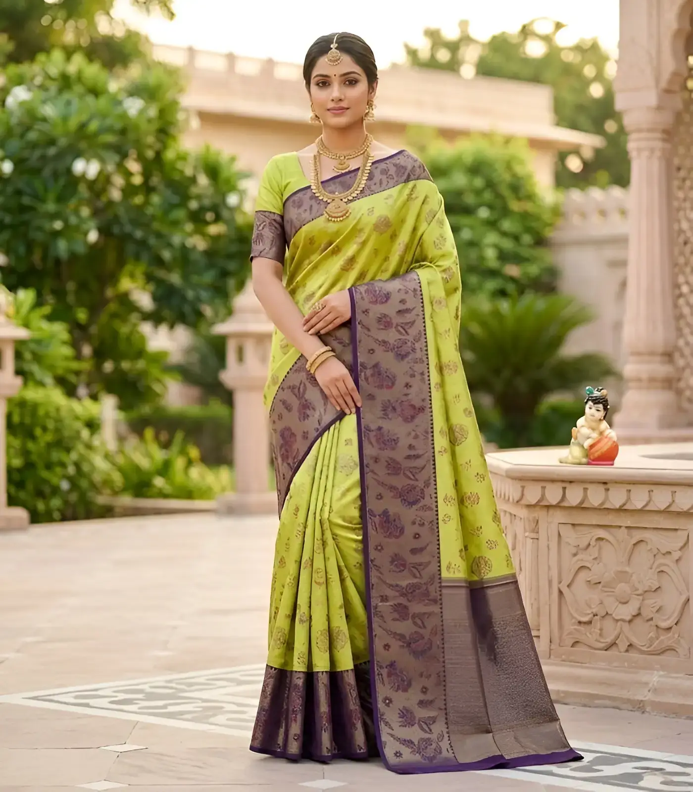 Wedding Pure Silk Saree (Parrot Green – Deep Purple) (2) Wedding Pure Silk Saree (Parrot Green - Deep Purple) - Image 1