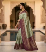 Wedding Pure Silk Saree (Pastel Green - Deep Purple) - Image 2
