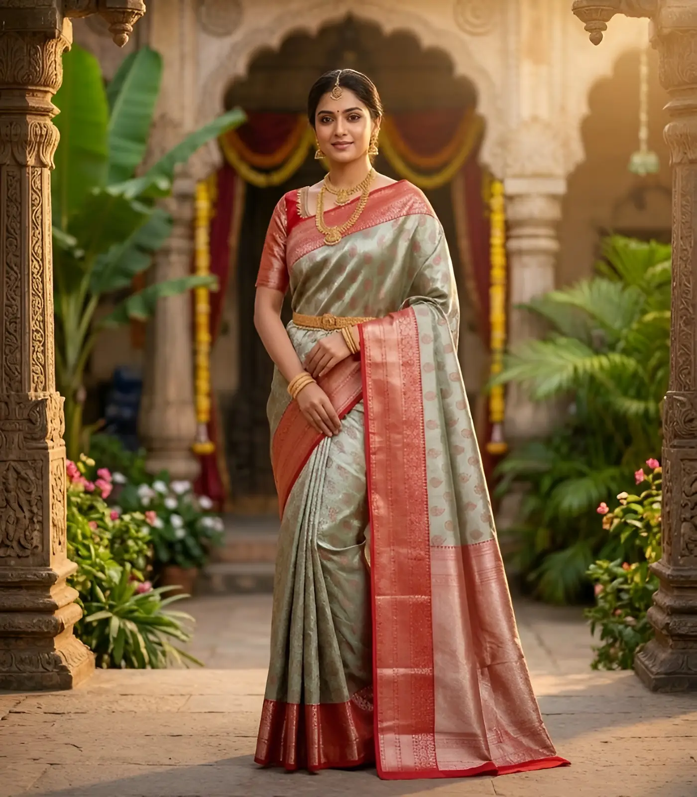 Wedding Pure Silk Saree (Pistasio Green – Red) (1) Wedding Pure Silk Saree (Pistasio Green - Red) - Image 1