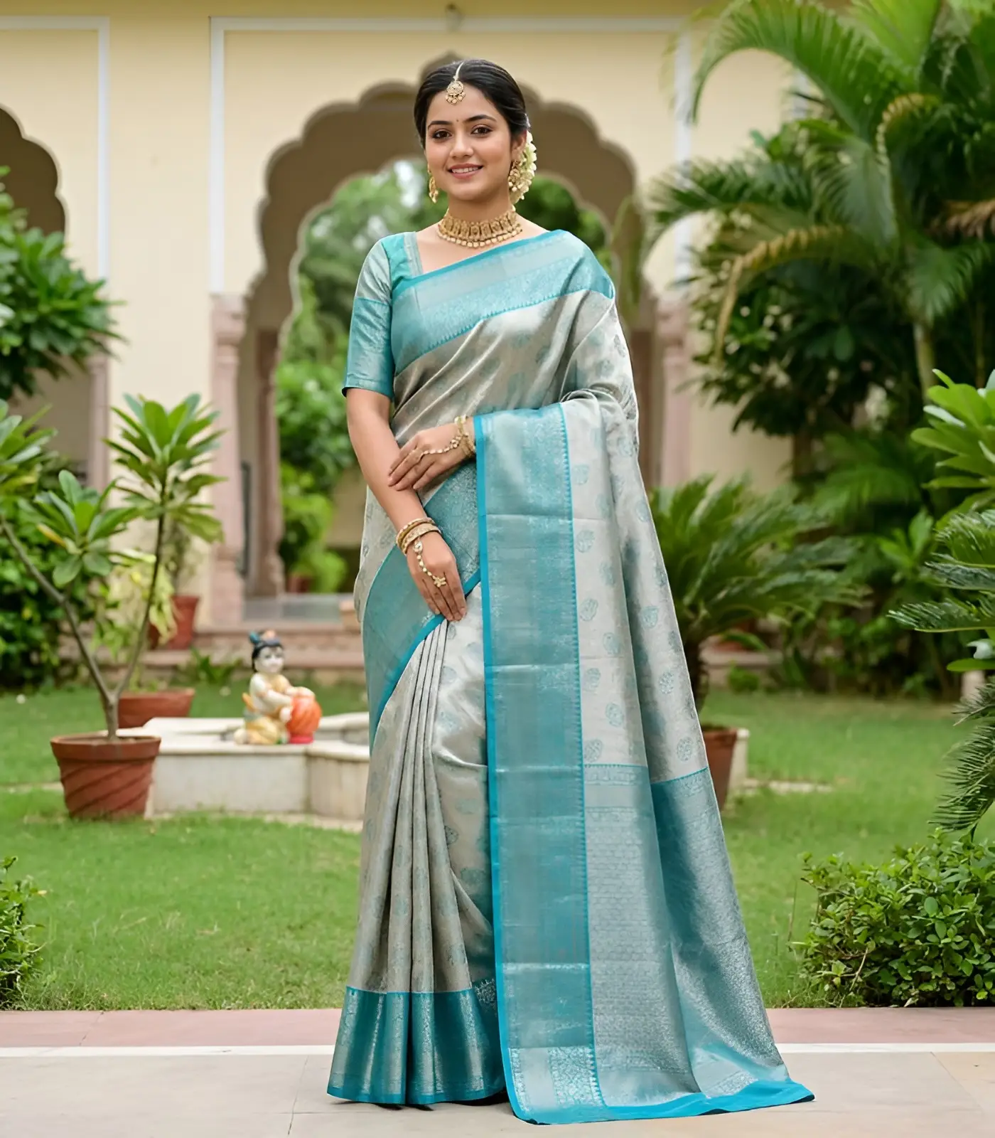 Wedding Pure Silk Saree (Silver - Anandha Blue) (2) Wedding Pure Silk Saree (Silver - Anandha Blue) - Image 1