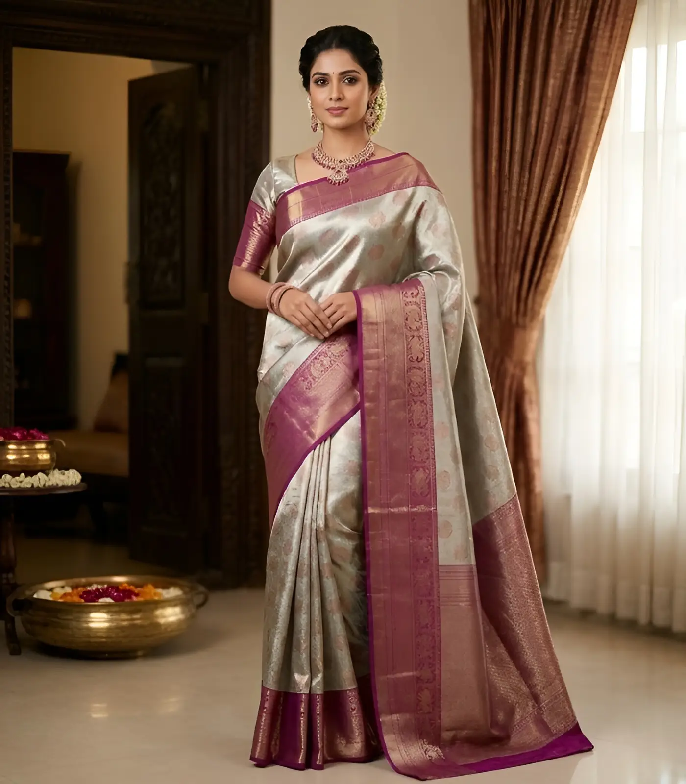 Wedding Pure Silk Saree (Silver Green – Magenta Pink) (1) Wedding Pure Silk Saree (Silver Green - Magenta Pink) - Image 1
