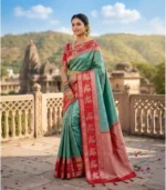 Wedding Pure Silk Saree (Teal Green - Red)