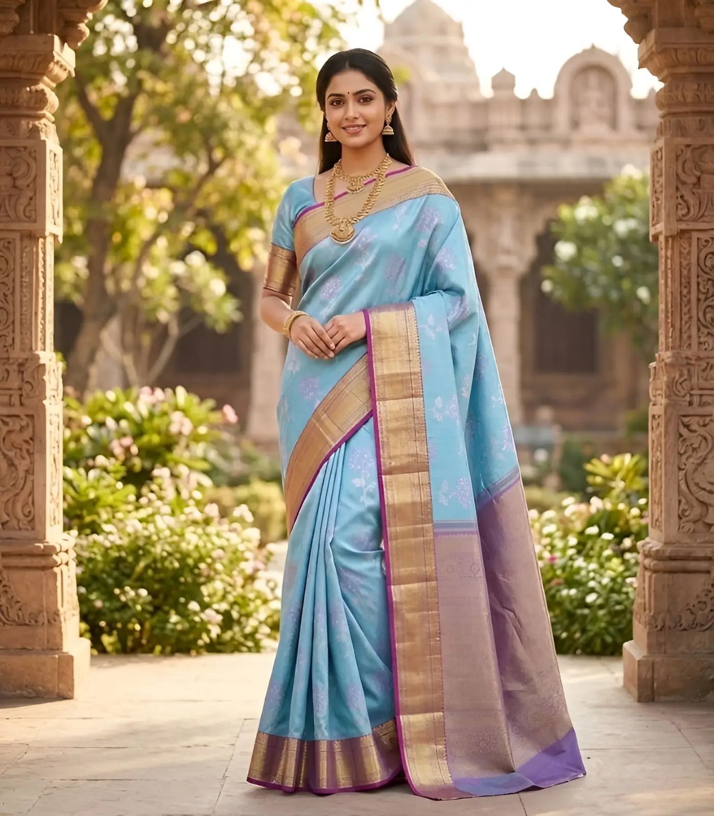 Wedding Pure Silk Saree (Turquoise blue- Magenta) (2) Wedding Pure Silk Saree (Turquoise blue- Magenta) - Image 1