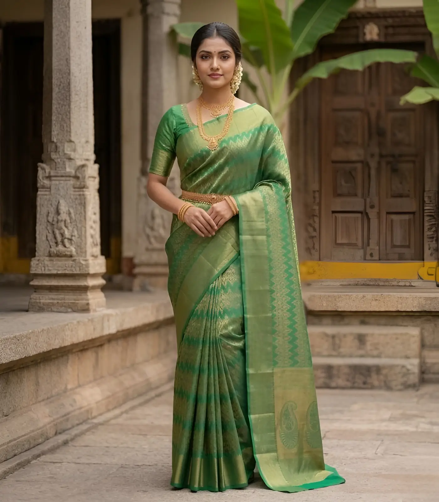 Wedding Pure Silk Saree (Tusser Green) (2) Wedding Pure Silk Saree (Tusser Green) - Image 1